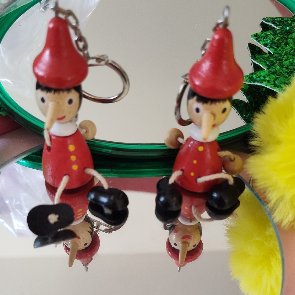 Pinnochio Style  ( 2). Wooden Sitting Puppets Toy 3 Inches Key Ring Bag Decor